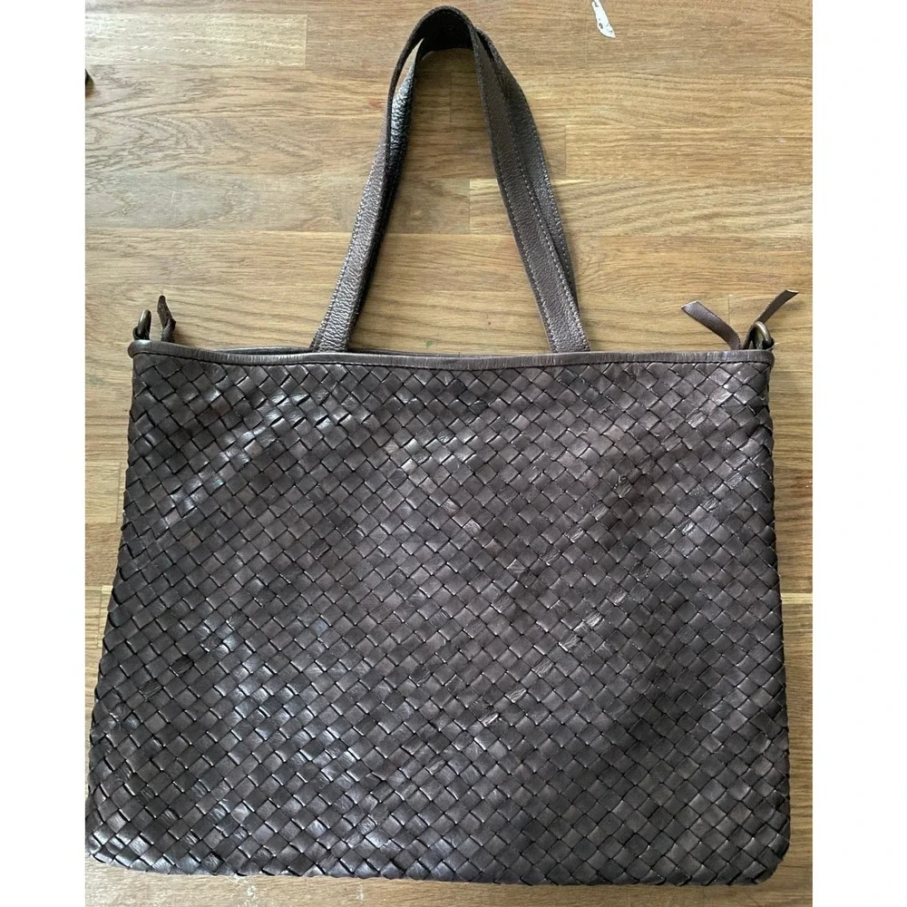Valentina Made in Italy Woven Brown 100% Leather Bag Convertible Tote Crossbody